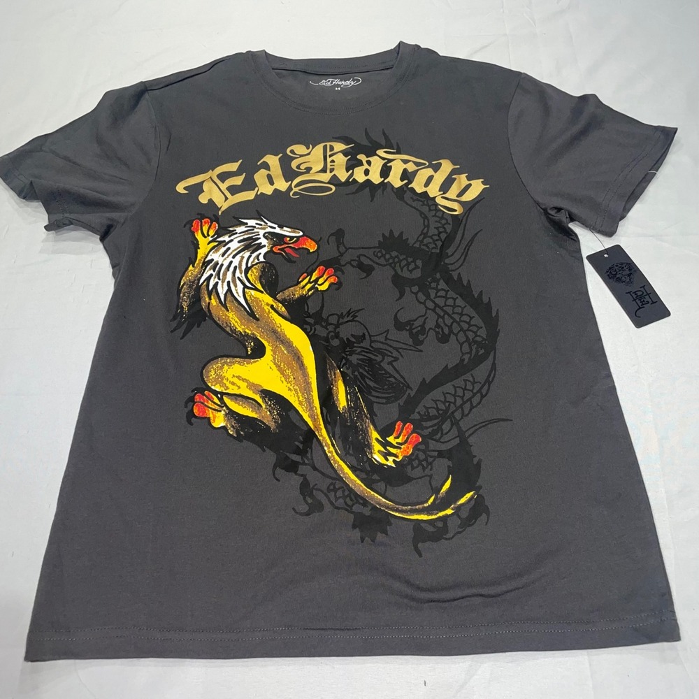 Ed Hardy Mens Griffin Dragon Graphic T-Shirt Charcoal Grey EHM1100-13FN Size M
